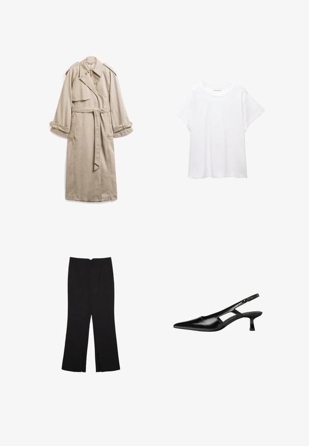 Beige Trenchcoat aus Baumwolle mit tailliertem Gürtel, breiten Revers, Schulterklappen und umgeschlagenen Manschetten. Sauberes Design mit minimalen Details.; Weißes T-Shirt aus weichem, leichtem Stoff. Mit runder Halslinie und kurzen, weit geschnittenen Ärmeln für einen lässigen Sitz. Keine sichtbaren Muster.; Schwarze Hose mit geradem Schnitt, ausgestattet mit Fronttaschen und Seitenschlitzen am Saum. Hergestellt aus weichem, glattem Stoff. Geeignet für verschiedene Anlässe.; Schwarze Lackleder-Slingback-High Heels mit spitzer Zehenform, ausgeschnittenem Seitendesign und kleinem Blockabsatz. Glatte Textur mit minimalen Akzenten.