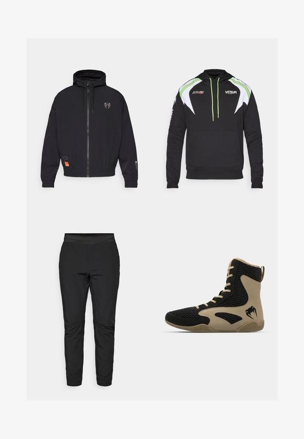 Fekete cipzáras dzseki kapucnival, elasztikus mandzsettával és húzózsinórral. Elülső részén logó található, valamint egy narancssárga címke az oldalon.; Fekete kapucnis pulóver, fehér és lime zöld részletekkel, elülső zsebbe, zsinórral és logókkal a mellkason és az ujján. Puha anyag.; Fekete leggings, amely illeszkedő dizájnnal, elasztikus derékpánttal és cipzáras zsebekkel rendelkezik. Simább textúra, enyhén fényes felülettel.; Felsőrészes sportcipő fekete hálós külsővel, bézs dzsungelrészletekkel. Texturált gumitalp és logó részlet az oldalon.