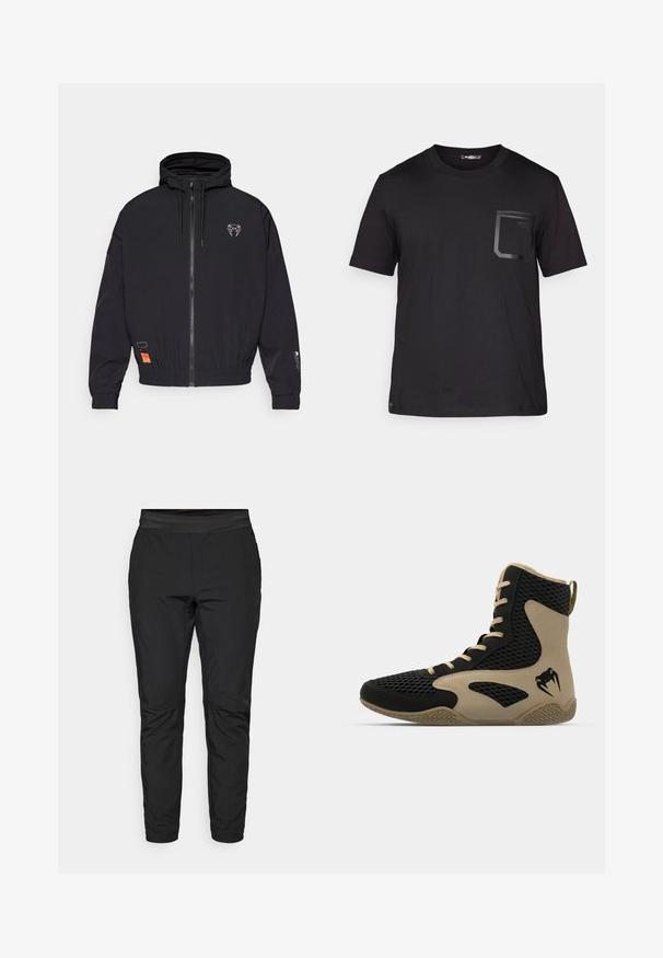 Zwarte zip-jas met een capuchon, elastische manchetten en een trekkoord. Bevat een logo op de borst en een oranje label aan de zijkant.; Zwarte t-shirt met korte mouwen van katoen met een subtiele textuur. Beschikt over een voorzak met een rechthoekig ontwerp en logo-detail.; Zwarte stretchpants met een aansluitend ontwerp, elastische tailleband en ritszakken. Gladde textuur met een licht glanzende afwerking.; Hoge sportieve schoen met een zwart gaasexterieur en beige accenten. Gestructureerde rubberen zool en logo-detail aan de zijkant.