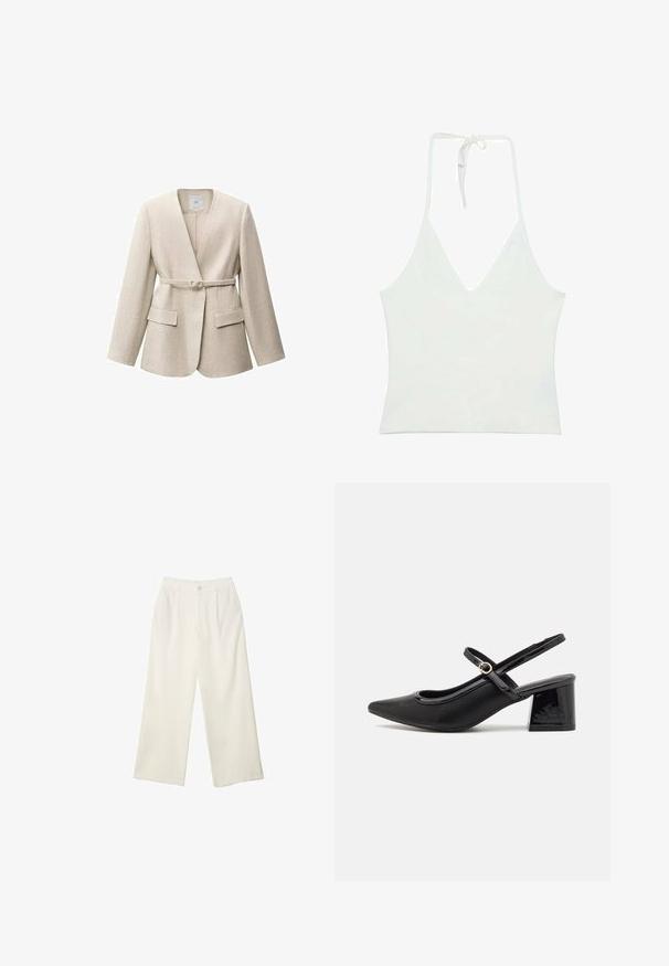 Pieskový ľanový blejzer s dlhými rukávmi, prekrývajúcim dizajnom, zapínaním na jeden gombík a dvoma prednými vreckami. Hladká textúra a minimalistický štýl.; Biely halterneck top s hlbokým V-dekoltom. Vyrobený z hladkej, ľahkej textílie. Obsahuje nastaviteľné viazanie na chrbte.; Široké nohavice z krémovej látky s hladkou textúrou, s jedným predným gombíkom, jemnými skladmi a vysokým pásom.; Čierne lakované kožené lodičky so slingback dizajnom, špicatou špičkou, zaobleným výrezom a blokovým podpätkom. Obsahuje akcent zlatého tónu s prackou.
