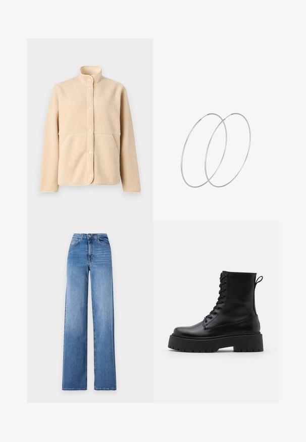 Bež flis jakna s visokim ovratnikom, prednjim kopčanjem na gumbe i dva bočna džepa. Mekani materijal s bešavnim dizajnom i zaobljenim rubom.; Vero Moda VMNEWCREAM FUNNELNECK PULLOVER - Vesta - black/birch; Svijetloplavi široki traperice izrađene od denima, s visokim strukom, prednjim džepovima i standardnim kopčanjem na dugme. Glatka tekstura.; Crne kožne gležnjače s okruglim vrhom, vezanjem sprijeda i debelim gumenim potplatom s teksturiranim uzorkom. Tipa: traka za vuču na stražnjoj strani.; Srebrne okrugle naušnice s minimalističkim dizajnom. Kružni oblik, glatka tekstura i tanak profil. Lagane s poliranim završetkom.