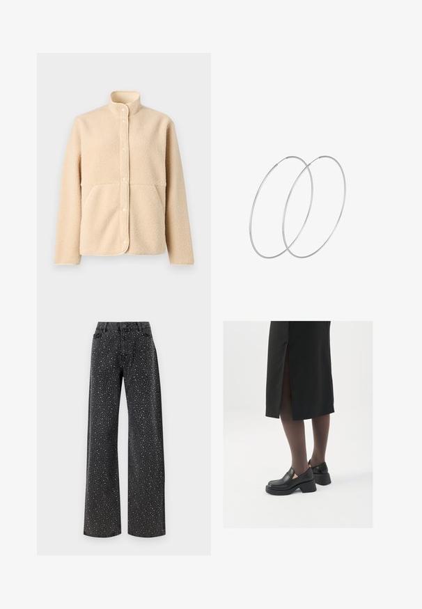 Bežinė avikailio striukė su aukštu apykaklė, priekiniais mygtukais ir dviem šoniniais kišenėmis. Minkšta tekstūra su besiūle konstrukcija ir apvaliu dugnu.; Šviesiai kreminė palaidinė su blizgiomis paillettes. Turi klasikį apykaklę, ilgomis rankovėmis ir blizgančių paillettes detalių visame paviršiuje, suteikiančių tekstūrinį efektą.; Noisy May NMJANNEL LOOSE - Laisvo kirpimo džinsai - black denim; Juodos odinės bateliai su apvaliu nosiu, stora blokine pakulne ir elastingais šonais, derinami su tamsiomis pėdkelnėmis ir juoda sijonu su plyšiu.; Sidabrinės pusmėnulio auskarai minimalistiniu dizainu. Apskritimo forma, lygus paviršius ir plonas profilis. Lengvi su poliruotu apdailu.