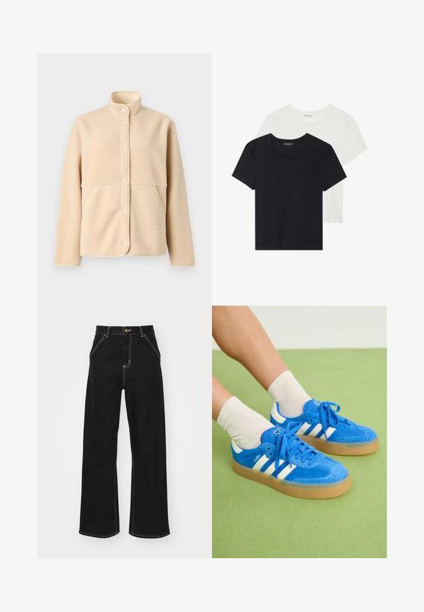 Beez värvi fliiskasukas kõrge kraega, esise kinnitusega ja kahe küljetaskuga. Pehme tekstuur, sujuva disaini ja ümarate äärtega.; Kaks lühikeste varrukatega T-särki must ja valge. Valmistatud pehmest puuvillast, ümarat kaelust ja standardset sobivust, millel on minimaalne õmblemise detail.; Mustmustest mustadest denimist, millel on kontrastsed valged õmblused ja esine nupp, kahe nurga all asuva esipocketiga.; Sinine nubukist sneakerite jalanõud valgete triipudega, kummist talla, ümarate varvaste ja kangast paeltega. Kombineeritud kreemivärvi sokkidega rohelisel pinnal.