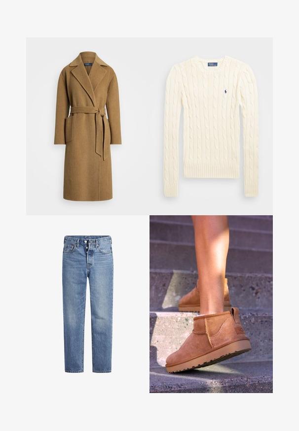 Kamelivilla sallitav mantel, millel on tükki krae, küljetaskud ja iseseisev vöö. Kuju andev, keskmise pikkusega disain, millel on pehme tekstuur.; Kreemi kaabliga kudumiga sviiter pikkade varrukatega, ribakardinate ja hemiga, millel on vasakul rinnal väike tikkitud logo.; Vaaleansiniset farkut suoran leikkauksen, viiden pussin designin ja nappisuljenta. Ominaisuuksiin kuuluu hienoinen haalistuminen ja oranssit ompeleet.; Kahdenruskeat mokkanahkaiset nilkkurit, joissa on pehmeä pinta, kirjailtua yksityiskohtaa ja kumipohja. Kengissä on myös kätevä lenkki kantapäässä, joka helpottaa pukemista.