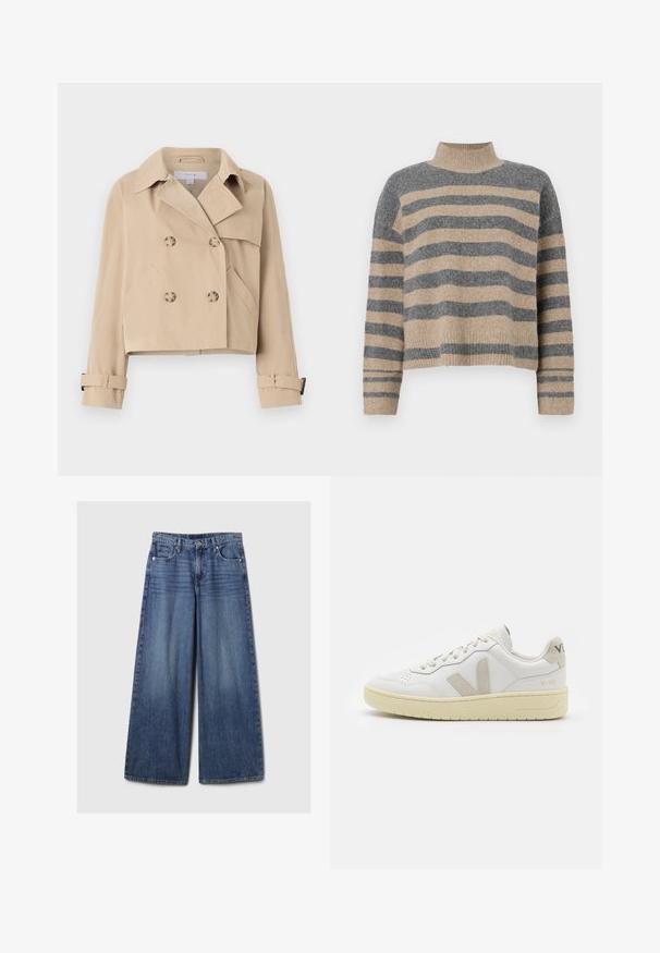 Beež lühike trench coat kahe nööbiga, laia krae ja küljetaskutega. Varrukatel on mansetirihmad.; Triibuline kudumipusa, millel on hallid ja beezid toonid, kõrge kaelus, laiad mansetid ja vabalt langev lõige koos lühendatud disainiga.; Laiad sinised denimpüksid, millel on pleekinud viimistlus, nupp ja lukuga sulgemine, viis taskut ning vööaasad.; Valge nahast tenniseking, millel on beežist siidist aktsent ja aukudega varvas, lame paelad ja tekstureeritud koorevärvi tallad. Omab nüansirikast brändimist kannal.