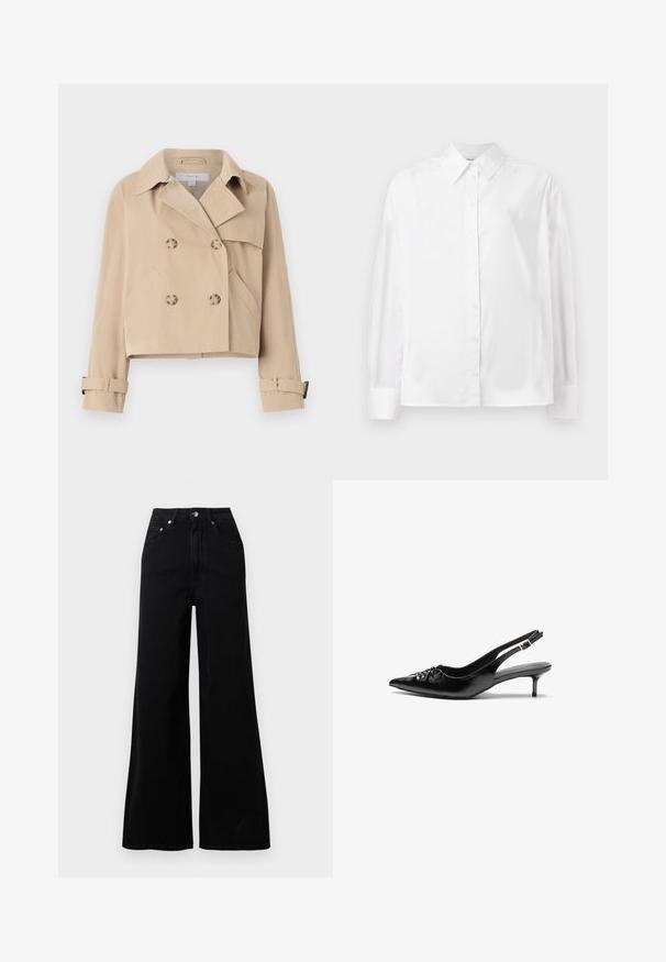 Beige zkrácený trenčkot s dvojitým zapínáním na knoflíky, širokým límcem a bočními kapsami. Má manžetové pásky na rukávech.; Bílá košile s dlouhým rukávem z hladké bavlněné směsi. Obsahuje klasický límec, přední zapínání na knoflíky a zaoblené manžety.; Černé kalhoty s širokými nohavicemi z denimu, s vysokým pasem, pěti kapsami, zapínáním na přední knoflíky a minimálními šicimi detaily.; Černé kožené sandály na nízkém podpatku s řemínkem kolem paty, špičatou špičkou, nízkým ježkovým podpatkem a nabráním na nártu. Hladká textura a minimalistický design.