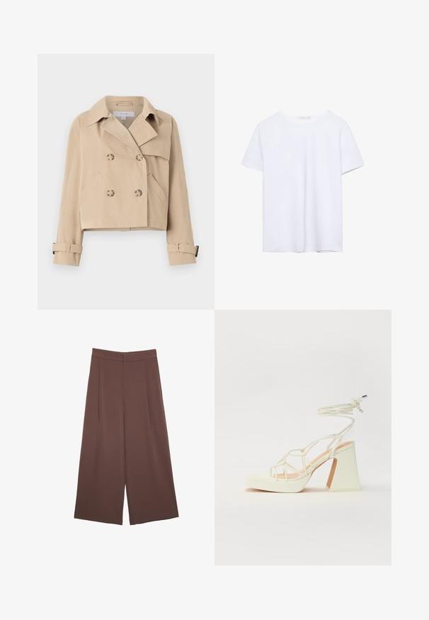 Beige lyhytriptinen trenssitakki, jossa on double-breasted-nappikiinnitys, leveä kaulus ja sivutaskut. Hihansuissa on hihansuitsut.; Lyhythihainen valkoinen t-paita pyöreällä pääntiellä ja suoralinjaisella helmalla, esillä valkoisella taustalla.; Ruskeat leveälahkeiset housut, joissa on sileä pinta, korkea vyötärö ja etupleat. Kangas on kevyttä ja laskeutuu väljänä.; Valkoinen korkokenkä, jossa on paksu korko, ja joka sisältää nauhakiinnityksen ja nilkkaketjun. Sujuva pinta, jossa on platform-etupohja lisäkorkeutta varten.