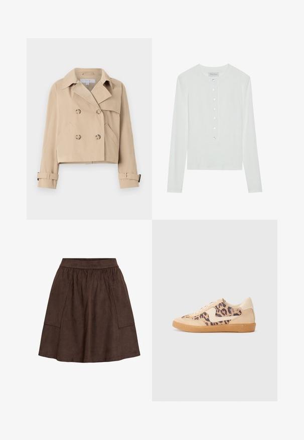 Beež lühike trench coat kahe nööbiga, laia krae ja küljetaskutega. Varrukatel on mansetirihmad.; Valge pika varrukaga särk, valmistatud ribakanga iseloomuga, ümmarguse kaelusega ning ees olevate kuue läbipaistva nupuga.; Pruun seemisnahast seelik elastse vöökohaga, millel on küljetaskud ja lehvitanud lõige. Sile tekstuur ja põlvpikkus.; Leopardi mustriga tossud, millel on beež sueded ülemine osa, pruuni kummist põhi ja valged aktsendid. Ümar nina ja lipsukujundus, millel on tekstureeritud viimistlus.