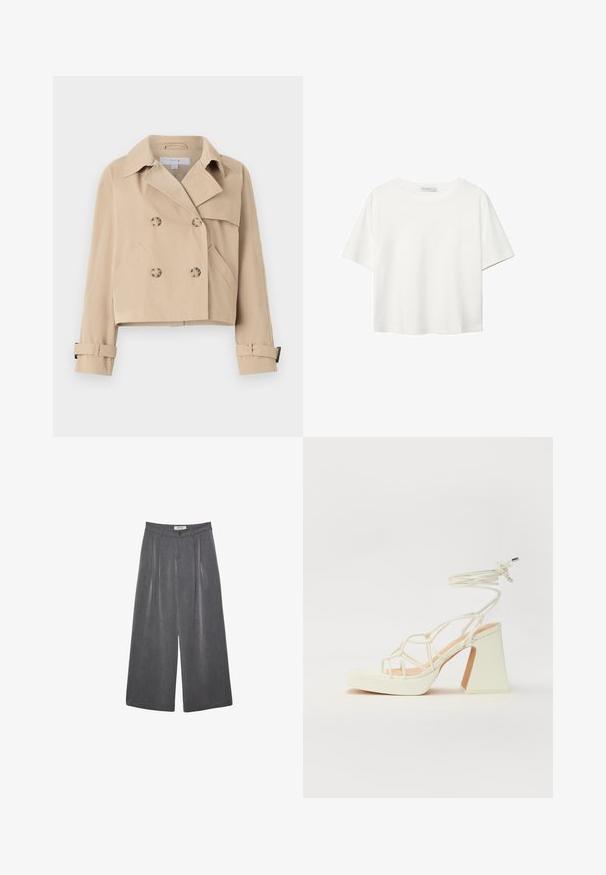 Cappotto trench sporco beige corto con chiusura a bottoni doppi, ampio colletto e tasche laterali. Presenta cinturini sui polsini delle maniche.; T-shirt bianco a maniche corte realizzato in cotone. Presenta un collo tondo e una vestibilità rilassata. Texture liscia senza motivi o dettagli visibili.; Pantaloni ampi a pieghe in tessuto grigio scuro con una sottile texture. Presentano una chiusura con bottone e un design della vita classico.; Sandalo bianco con tacco alto, caratterizzato da un design a cinturini e un legaccio alla caviglia. Texture liscia con una piattaforma frontale per un'altezza aggiuntiva.