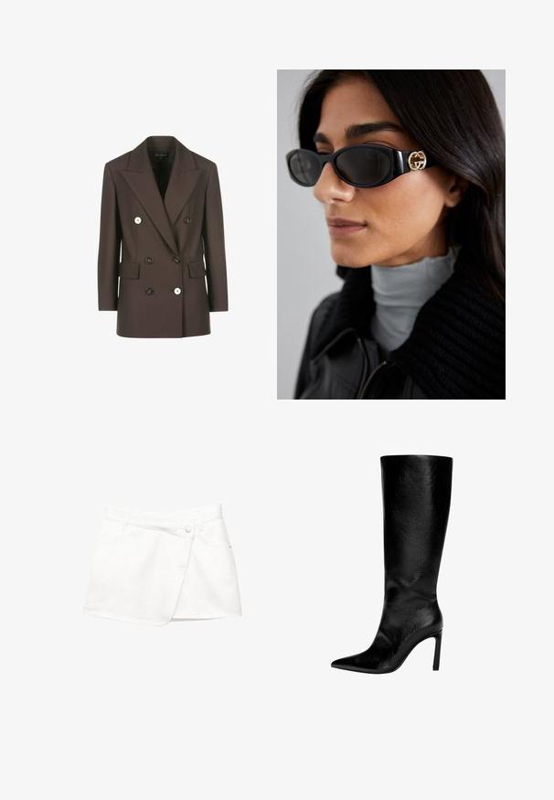 Brauner, doppelt geknöpfter Blazer mit strukturierten Schultern, zwei vorderen Taschen, kontrastierenden weißen Knöpfen und glatter Stofftextur.; Weißes Hemd mit Knopfleiste, spitzen Kragen, langen Ärmeln und kleinem blauen Logo auf der linken Brust. Aus Baumwollstoff gefertigt.; Weißer Denim-Minirock mit Wickeldesign, ausgestattet mit einem Knopfverschluss vorne, zwei Seitentaschen und einem glatten, texturierten Stoff.; Knöchelhoher schwarzer Lederstiefel mit spitzem Zeh, hohem Stöckelabsatz, glatter Oberfläche und einem einfachen, eleganten Design ohne Verzierungen.; Schwarze Sonnenbrille mit einem schlanken rechteckigen Rahmen und einem goldenen Logo-Akzent an der Seite. Dunkle Gläser und glänzende Oberfläche sind auffällig.; Weiße Lederhandtasche mit einem goldfarbenen Verschluss, schwarzen Akzenten, einem abnehmbaren Schulterriemen und einem strukturierten Design mit Klappenverschluss.