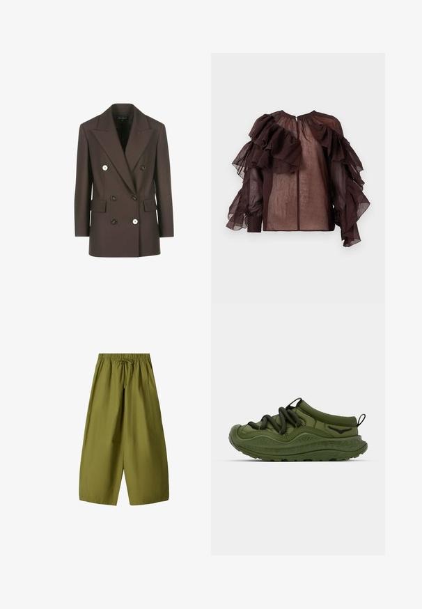 Dubbelzijdig bruine blazer met gestructureerde schouders, twee voorkruiszakken, contrasterende witte knopen en een gladde stoftextuur.; Donkere doorzichtige blouse met volumineuze gelaagde ruches op de mouwen en de bovenkant van de borst, geplooide halslijn en knoopsluiting op de rug.; Olijfgroene, wijde broek met een elastische tailleband en koord. Gemaakt van lichtgewicht stof, met twee zijzakken.; Groene sneaker met een gestructureerde rubberen zool, elastische veters en een glad bovenwerk van stof. Kenmerken zijn een ronde neus en een subtiele logodetail.