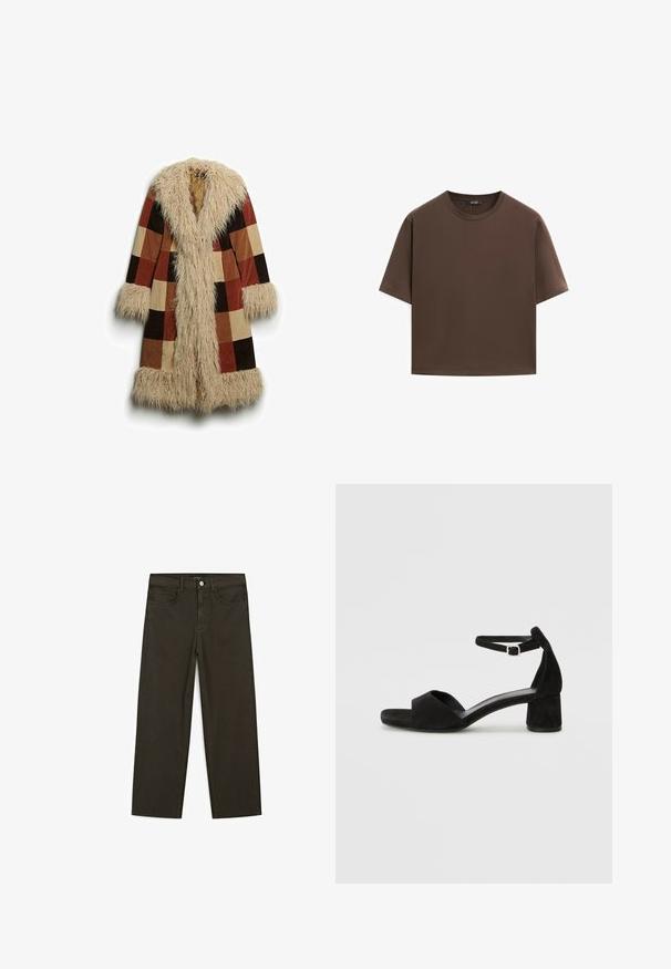 Cappotto lungo con colletto e polsini in pelliccia sintetica, caratterizzato da un motivo a quadri in marrone, ruggine e beige. Materiale esterno morbido e texturizzato.; T-shirt in cotone marrone, maniche corte, collo a giro, vestibilità abbastanza ampia, texture liscia, design minimalista, senza motivi o dettagli visibili.; Jeans a gamba larga di colore verde scuro, realizzati in tessuto misto cotone, dotati di chiusura con bottone frontale, cinque tasche e cuciture classiche in denim.; Sandali con tacco in suede nero, con una sottile fascia alla caviglia, design open toe e un discreto tacco a blocco. Texture liscia e decorazioni minime.