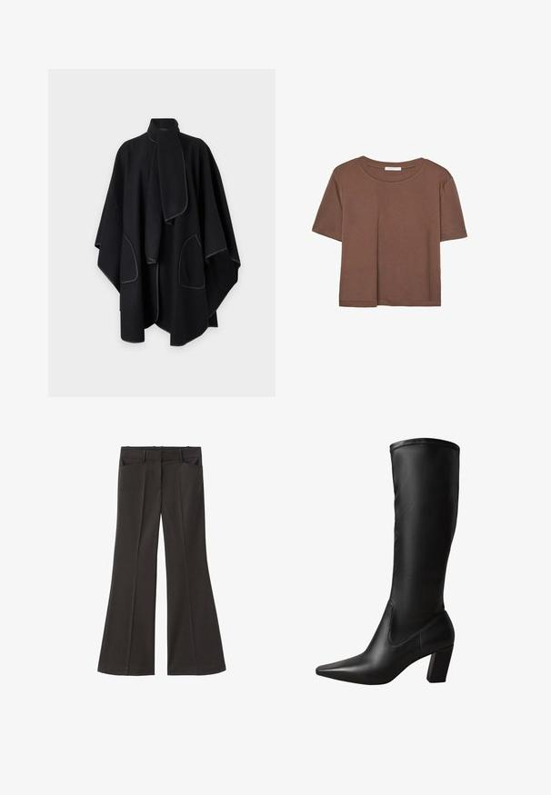 Aware VMNAOMI - Poncho - black; Brun kortärmad t-shirt i mjukt tyg, med rund halsringning och avslappnad passform. Inga synliga mönster eller detaljer.; Svarta utsvängda byxor med hög midja; har två framfickor och en mjuk tygtextur. Lämpliga för olika tillfällen.; Svarta läderstövlar som når upp till knäet, med spetsig tå, klack i blokkmönster, slät yta och en åtsittande design. Sömdetaljer längs skaftet.