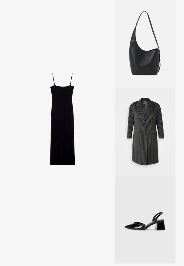 Black pinstripe long coat featuring a notched collar, two front pockets, and a single button closure. Material appears structured with a smooth finish.; Black sleeveless dress with a straight silhouette, made from soft fabric. Features slender spaghetti straps and a floor-length design.; Black patent leather slingback heels with a pointed toe and a geometric block heel. Features a sleek, minimal design and smooth texture.; Black leather hobo bag with a smooth texture, curved shape, and single adjustable strap; features a wide opening at the top.