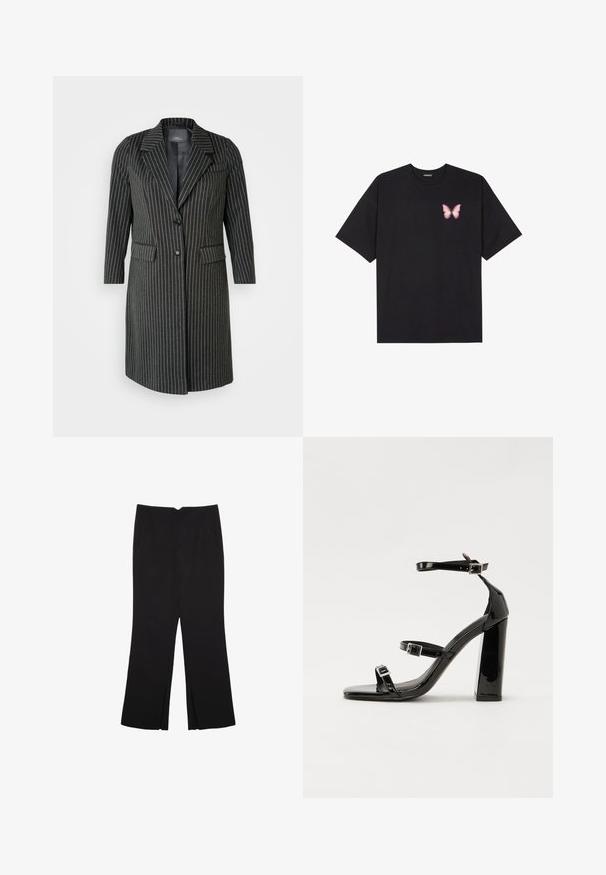 Crni kaput s prugastim uzorkom, dug, s rever kragnom, dva prednja džepa i zatvaranjem na jedan gumb. Čini se da je materijal čvrst s glatkom površinskom obradom.; Crna pamučna majica s kratkim rukavima, s malim grafičkim prikazom ružičaste vjetricaste s desne strane na prsima. Dizajn s okruglim izrezom i opuštenim krojem.; Crne hlače ravnog kroja, s prednjim džepovima i bočnim prorezima na rubu. Izrađene od mekog i glatkog materijala. Pogodne za razne prigode.; Crne lakirane sandale na visoku petu s dva remena s kopčama, kvadratnim vrhom i masivnom blok petom, s glatkom, sjajnom teksturom.