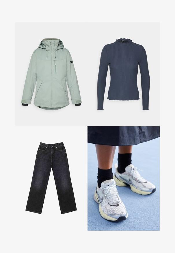 Svijetlozelena vodootporna jakna s kapuljačom, koja ima dva prednja džepa, jedan džep na prsima i prilagodljive manžete. Glatka tekstura, minimalistički dizajn.; Mornarica dugih rukava od rebraste tkanine. Ima visoki vrat s valovitim rubom i uski kroj.; Trii bezrukavne majice u plavoj, crnoj i bijeloj boji. Tkanina je rebrasta s okruglim izrezom. Svaka majica ima oznaku označenu „even&odd.“; Crne traperice visokog struka s širokim nogavicama, dizajn s pet džepova i vidljivim šavovima. Tkanina ima glatku, blago teksturiranu završnu obradu.; Bijele i srebrne Nike tenisice od mrežaste tkanine, s reflektirajućim detaljima i bež potplatom. Nosi se s crnim čarapama, stojeći na plavoj površini.
