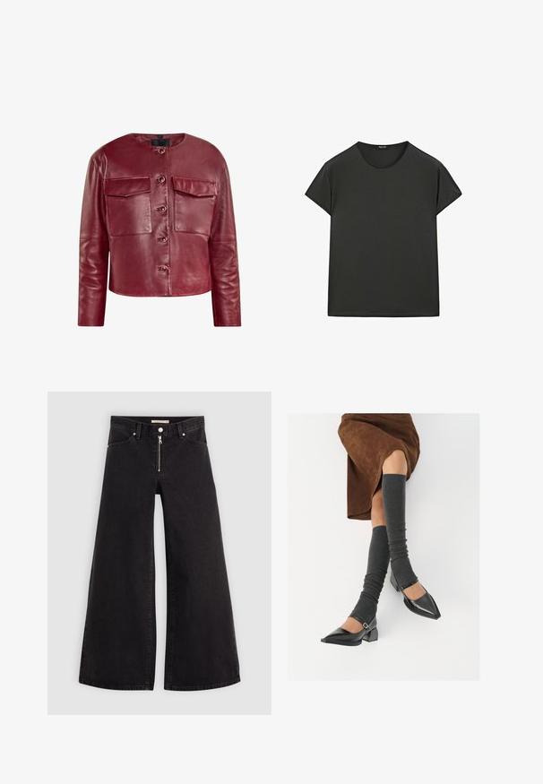 Rote Lederjacke mit kurzem Schnitt, rundem Ausschnitt, Fronttaschen und Druckknöpfen. Hat eine glatte Textur und lange Ärmel.; Schwarzes T-Shirt mit kurzen Ärmeln aus weichem Stoff, mit Rundhalsausschnitt und lockerer Passform, in klaren, einfachen Linien und ohne Muster.; Schwarze Denim-Jeans mit weitem Bein, Reißverschluss vorne, Fünf-Taschen-Design und dezenten Stickdetails. Glatte Textur und lässiger Stil.; Schwarze lacklederne spitze Schuhe mit Blockabsatz und Knöchelriemen, kombiniert mit grauen gerippten Beinstulpen und einem braunen Wildlederrock.