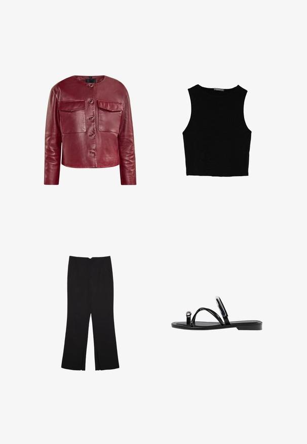 Punainen nahkainen lyhyt takki, jossa on pyöreä kaula-aukko, etutaskut ja nepparit. Ominaisuuksiin kuuluu sileä pinta ja pitkät hihat.; Musta hihaton crop-top, joka on valmistettu sileästä kankaasta, jossa on pyöreä kaula-aukko ja siisti, yksinkertainen muotoilu ilman kuvioita tai varusteita.; Mustat housut suoralinjaisella leikkauksella, joissa on etutaskut ja sivurei'ät helman alla. Valmistettu pehmeästä ja sileästä kankaasta. Sopii eri tilaisuuksiin.; Mustat litteät sandaalit, joissa on kiiltävä pinta, kolme ohutta hihnaa ja pyöreä metalliosuus varpaissa. Tyylikäs muotoilu, jossa on minimaalinen kantapää.