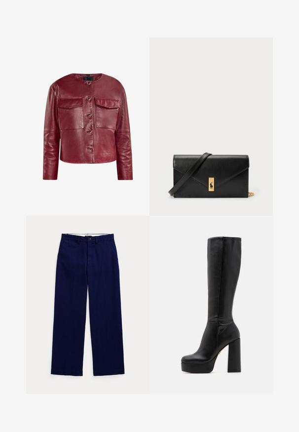Chaqueta de cuero rojo cortada con un cuello redondo, bolsillos frontales y botones a presión. Presenta una textura suave y mangas largas.; T-shirt de color azul marino con rayas blancas horizontales, mangas cortas y escote redondo. Hecho de un tejido suave con una forma ajustada.; Pantalones de pierna recta azul marino con trabillas, cierre de botón y bolsillos laterales sobre un fondo claro.; Botas negras hasta la rodilla hechas de cuero suave con un acabado texturizado, que cuentan con un tacón ancho alto y un diseño de punta redonda.; Billetera de cuero negra con solapa plegable, hardware dorado, que presenta un acento de logo. Incluye una correa desmontable para llevarla.