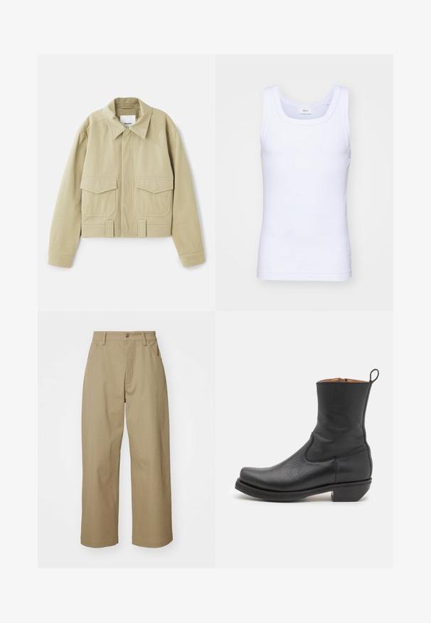 Nanushka RUBEN - Jachetă de vară - pebble; Top din bumbac alb fără mâneci, cu un decolteu rotund, având o textură netedă și o formă ajustată, conceput pentru purtarea casual.; Pantaloni largi bej din bumbac, cu talie înaltă, buzunare frontale și închidere cu nasture. Textură netedă și croială adaptată.; Botină neagră din piele cu o textură netedă, profil subțire, cusături laterale și toc pătrat mic. Are o buclă de prindere în partea din spate.