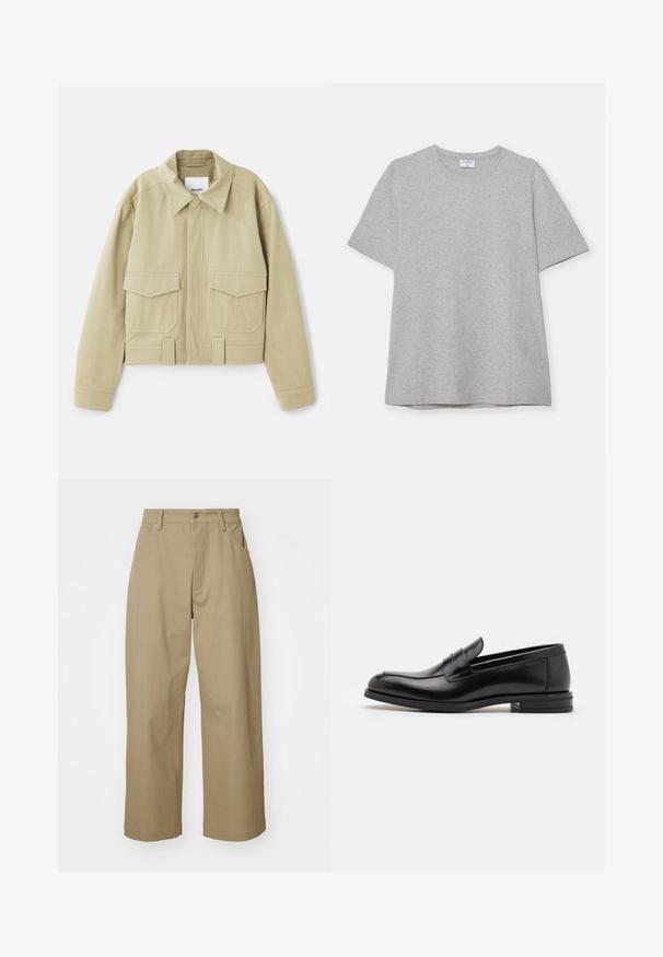 Nanushka RUBEN - Letná bunda - pebble; Sivá krátke rukávové tričko vyrobené z mäkkej, textúrnej látky. Má klasický okrúhly výstrih a rovný lem, ideálne na neformálne nosenie.; Khaki široké nohavice vyrobené z bavlny, s vysokým pásom, prednými vreckami a zapínaním na gombík. Hladká textúra a prispôsobený strih.; Čierne kožené mokasíny s hladkou textúrou, zaoblenou špičkou a dekoračným pásikom cez priehlavok. Nízky vrstvený opätok, minimalistický dizajn.