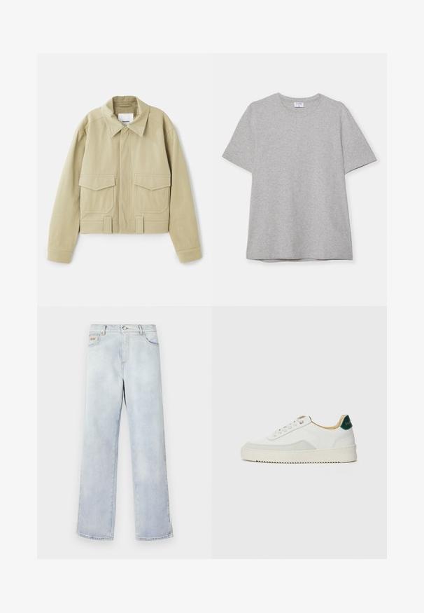 Nanushka RUBEN - Kevyt takki - pebble; Harmaa lyhythihainen T-paita, joka on valmistettu pehmeästä ja teksturoidusta kankaasta. Varustettu klassisella pyöreällä pääntiellä ja suoraselkäisellä helman kanssa, sopii rentoon pukeutumiseen.; Vaaleansiniset farkut suoran lahkeen muotoilulla, joissa on napitus, viisi taskua ja kontrastiväriset ompeleet.; Valkoiset tennarit, joissa on nahkaosia, pyöreä kärki, tasaiset nauhat ja kermaisa kumi-pohja. Takana vihreä brändäys.