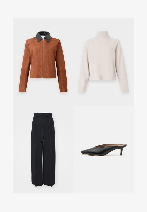 Veste cropped en suède marron avec un col pointu en cuir noir, fermeture éclair à l'avant et manches longues. Texture lisse avec des détails de design minimalistes.; Pull à col roulé beige clair en tissu doux. Dispose d'une coupe décontractée, d'un ourlet et de poignets côtelés, et de manches longues. Design minimaliste.; Pantalons noirs à jambes larges en tissu doux. Dotés d'une taille ceinturée et de plis avant. Texture lisse avec un design épuré et contemporain.; Mules en cuir noir avec un bout pointu et un petit talon carré. Texture lisse avec un design épuré. Dos ouvert avec un minimum de détails.