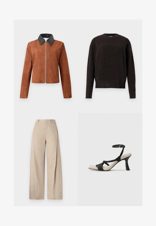 Veste cropped en suède marron avec un col pointu en cuir noir, fermeture éclair à l'avant et manches longues. Texture lisse avec des détails de design minimalistes.; Samsøe Samsøe ANOUR  - Pullover - black coffee; Pantalons larges en lin beige à taille haute, avec une texture lisse et des lignes épurées, conçus pour un ajustement décontracté.; Sandale à talon noir avec un design de brides tressées, bout carré et bride de cheville réglable. Semelle intérieure beige claire avec un talon noir brillant.