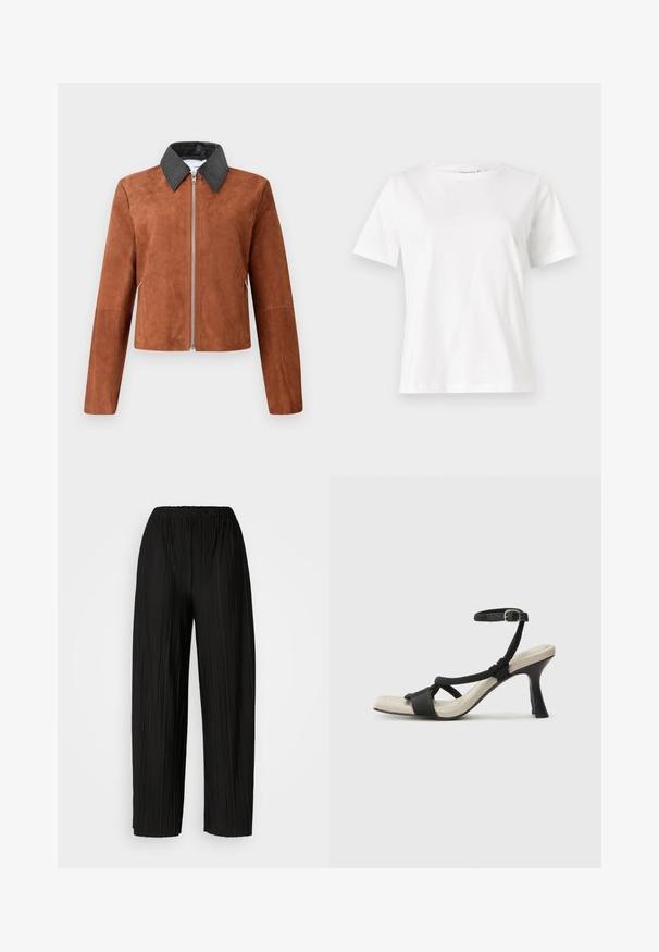 Rudas zomšinė trumpa striukė su juodu odiniu apykakle, priekyje užtrauktuku ir ilgomis rankovėmis. Lygus paviršius su minimaliu dizaino detalių kiekiu.; Balta medvilninė marškinėliai trumpomis rankovėmis, su apvalia iškirpte ir laisvu siluetu. Lygi tekstūra, be raštų ar akcentų, minimalistinis dizainas.; Juodos plisuotos plačios kojos kelnės su elastine juostos. Medžiaga pasižymi vertikaliomis plokštelėmis ir lygiu paviršiumi.; Juodų aukštakulnių sandalų su pintu dirželiu dizainas, kvadratine nosimi ir reguliuojamu kulkšnies dirželiu. Šviesiai bežė padas su blizgiu juodu kulnu.