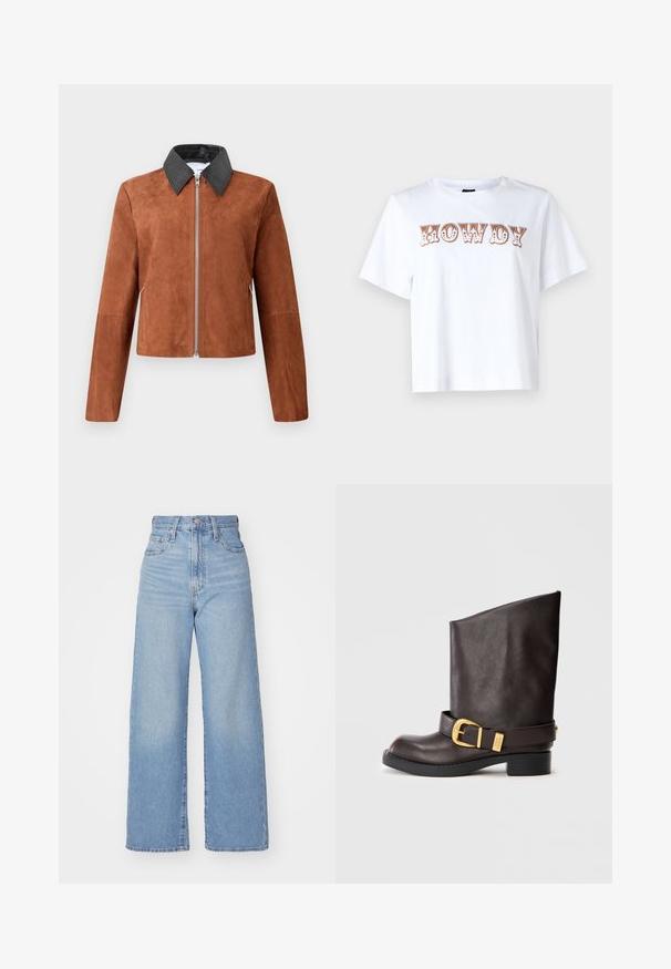 Brązowa zamszowa kurtka skórzana o krótkim kroju z czarnym skórzanym kołnierzem w kształcie litery punkt, z zamkiem z przodu i długimi rękawami. Gładka tekstura z minimalnymi detalami designu.; Biała bawełniana koszulka z krótkim rękawem i okrągłym dekoltem, z napisem "HOWDY" w stylizowanym brązowym foncie na przodzie.; Jasnoniebieskie jeansy z wysokim stanem i szerokimi nogawkami, z zapięciem na guziki i zamek z przodu, przednie i tylne kieszenie, na białym tle.; Ciemnobrązowe skórzane botki sięgające do połowy łydki, z czarną podeszwą, niskim obcasem oraz dekoracyjnym złotym paskiem z klamrą wokół kostki, pokazane z boku.