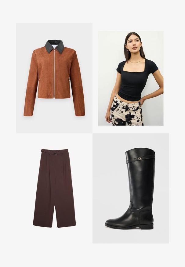 Braune Wildleder-Cropped-Jacke mit einem schwarzen Leder-Punktkragen, Frontreißverschluss und langen Ärmeln. Glatte Textur mit minimalen Designdetails.; Schwarzes, figurbetontes T-Shirt mit quadratischem Ausschnitt und kurzen Ärmeln. Kombiniert mit hochtaillierten Hosen mit einem schwarz-weißen Spritzmuster.; Stradivarius WIDE-LEG WITH BUCKLE DETAIL - Stoffhose - dark brown; Kniehohe schwarze Lederstiefel mit glatter Textur, ausgestattet mit einem silbernen "SM" Akzent und einem schlichten Design. Niedriger, flacher Absatz.