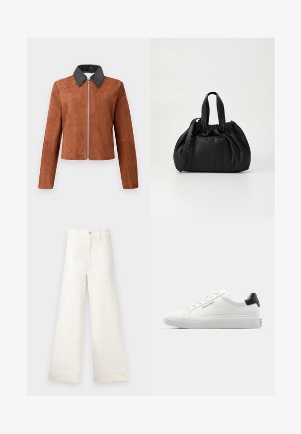 Veste cropped en suède marron avec un col pointu en cuir noir, fermeture éclair à l'avant et manches longues. Texture lisse avec des détails de design minimalistes.; Haut noir à manches courtes en tissu lisse. Avec un col rond et un drapé sur l'épaule. Design simple et ajusté.; Pantalons large en coton beige clair. Dotés d'une taille haute, de poches latérales et d'une coupe droite. Finition ourlet propre sans motifs.; Sneaker blanche avec une finition lisse, accent noir au talon et design à lacets. Présente le logo "Calvin Klein" sur le côté. Style minimaliste.; Sac à main en cuir noir avec un design à haut froncé, doté de deux poignées courtes et d'une bandoulière longue et réglable. Texture lisse, forme arrondie.