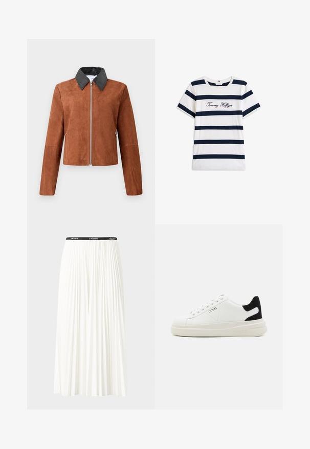 Giacca cropped in suede marrone con colletto a punta in pelle nera, zip frontale e maniche lunghe. Texture liscia con dettagli di design minimi.; T-shirt in cotone con righe orizzontali blu navy su sfondo bianco. "Tommy Hilfiger" ricamato in corsivo sul petto. Collo a giro.; Gonna bianca plissettata con elastico nero in vita che presenta il logo "LACOSTE". Design di lunghezza media con texture morbida.; Sneaker bianchi in pelle con suola spessa bianca, accento in suede nero sul tallone e logo impresso sul lato. Design con lacci e sei fori per i lacci.