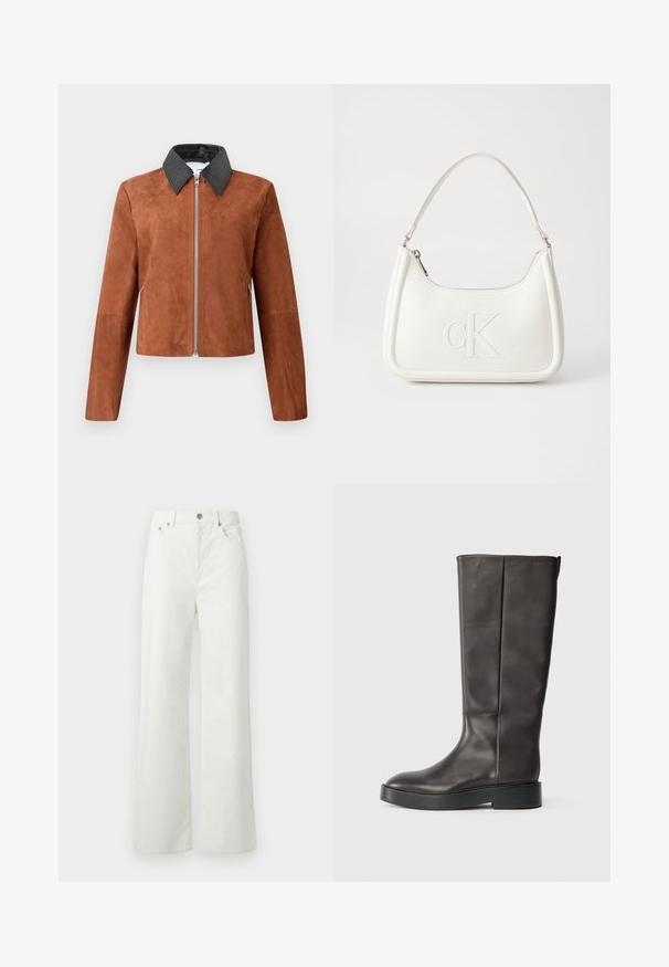 Pruun suede lühike jakk musta nahast punktkaelusega, esine lukuga ja pikkade varrukatega. Sile tekstuur minimaalse disainiga.; Valge lühikeste varrukatega T-särk, mis on valmistatud puuvillast. Omab ümmargust kaelust ja sileda tekstuuri, vähese nähtava õmblusega ääres.; Samsøe Samsøe SHELLY - Avar lõikega teksad - clear cream; Must muste kõrgusse ulatuv must nahast saapad paksu tallaga ja diskreetse Calvin Kleini logoga ülaääres, nähtud külgedelt.; Valge nahast käekott, millel on kumer kuju, esiküljel on reljeefne "CK" logo ja üks õlavarre rihm. Ülemine tõmblukkuu.