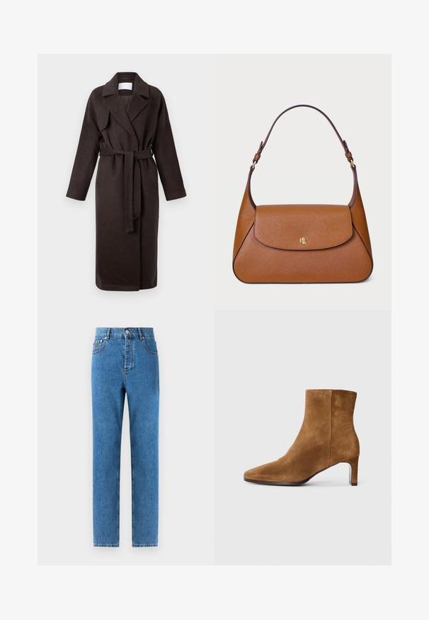 Mørkebrun lang frakk med belte, laget av mykt stoff. Har en krage med utskjæring og to sidene lommer, med en løs og avslappet passform.; Beige turtleneck-genser laget av myk strikket stoff, med lange ermer og en subtil merkevarelogo på brystet. Ribbestrikkede mansjetter og kant.; Jeans i middels blå farge med rett passform, fem lommer, knapper i front og lett falming på stoffet for en subtil teksturvariasjon.; Brune suédé ankelstøvle med spidse tæer og slank hæl i middehøjde, set fra siden på en helt hvid baggrund.; Brun skinnveske med en strukturert design, flat toppklaff og en enkelt buet stropp. Har gullhardware med preget logo.