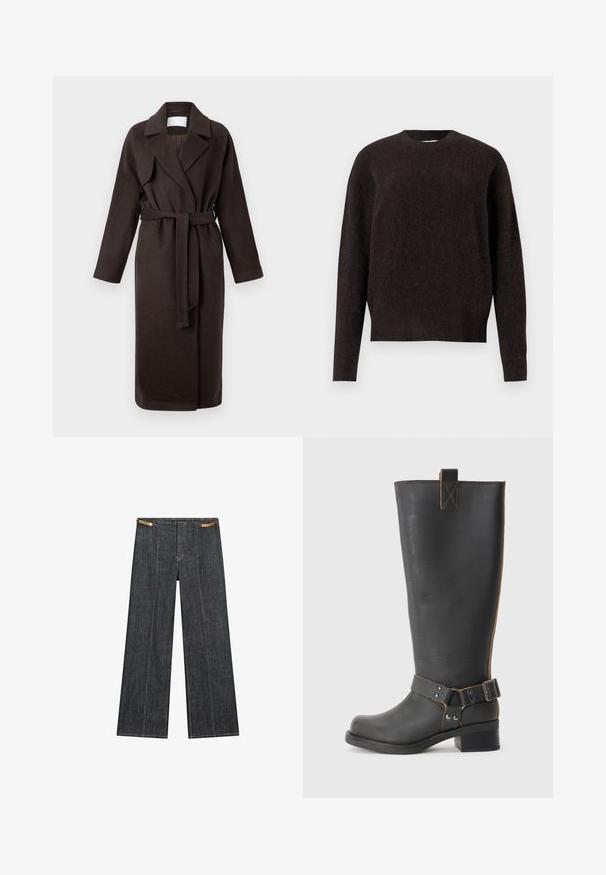 Tmavě hnědý dlouhý kabát s páskem, vyrobený z měkké látky. Má záložkový límec a dvě boční kapsy, s volným, uvolněným střihem.; Samsøe Samsøe ANOUR - Svetr - black coffee; Tmavě modré denimové široké kalhoty s vysokým pasem. Vyznačují se viditelným šitím, zapínáním na knoflík a jedinečným řetízkovým akcentem v pase.; Černé kožené vysoké boty po kolena s texturovaným povrchem, které mají boční kovovou sponu a nízký podpatek. Podrobné šití podél švů.