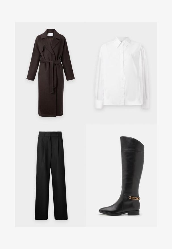 Tumepruun pikk jakk, millel on vöö, tehtud pehmest kangast. Omab notši kraed ja kahte küljetaskut, laia ja lõdva lõikega.; Valge pikka varrukat nuppude jaotuse särk, mis on valmistatud siledast puuvillasegust. Omab klassikalist krae, ees nuppude sulgemist ja ümarate mansettidega.; Must mustad püksid sileda tekstuuriga, millel on esiplekid ja kõrge talje disain. Valmistatud kergest kangast.; Kõrged mustad nahast saapad, millel on stiilne disain, terav nina ja kuldne kett aktsent pahkluul. Madal plokk-konts. Sile tekstuur.