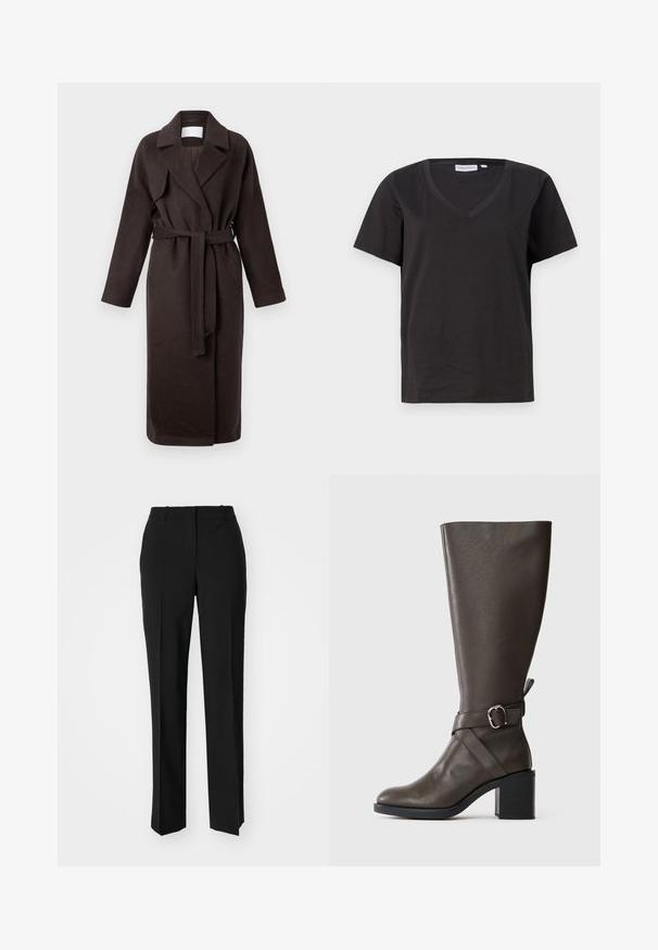 Σκούρο καφέ μακρύ παλτό με ζώνη, φτιαγμένο από μαλακό ύφασμα. Διαθέτει καφέ γιακά και δύο πλαϊνές τσέπες, με άνετη, χαλαρή εφαρμογή.; Μαύρο βαμβακερό T-shirt με V λαιμόκοψη και κοντά μανίκια. Απλός σχεδιασμός με κανονική εφαρμογή και χωρίς μοτίβα ή διακοσμητικά.; Μαύρο παντελόνι με ραφή που έχει σχεδιασμό ίσιας γραμμής, διαθέτει λεία υφή και καθαρές πτυχώσεις κατά μήκος της μπροστινής πλευράς. Χωρίς ορατό μεταλλικό υλικό.; Σκούρο καφέ δερμάτινη μπότες μέχρι το γόνατο με μέτριο τακούνι μπλοκ και διακοσμητικό λουράκι με ασημένια αγκράφα γύρω από τον αστράγαλο.