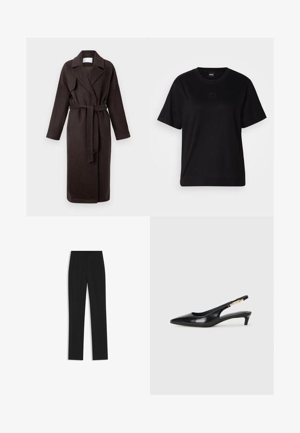 Dark brown long coat with a belt, made of soft fabric. Features a notched collar and two side pockets, with a loose, relaxed fit.; Black cotton t-shirt with a crew neckline, short sleeves, and an embroidered logo on the chest. Simple, relaxed fit with no patterns.; Black tailored trousers with a straight-leg design, featuring front pockets and a smooth, textured fabric. Neat, minimal detailing.; Black leather slingback heels with a pointed toe, featuring a slim heel and a gold-tone accent on the adjustable strap. Smooth texture.