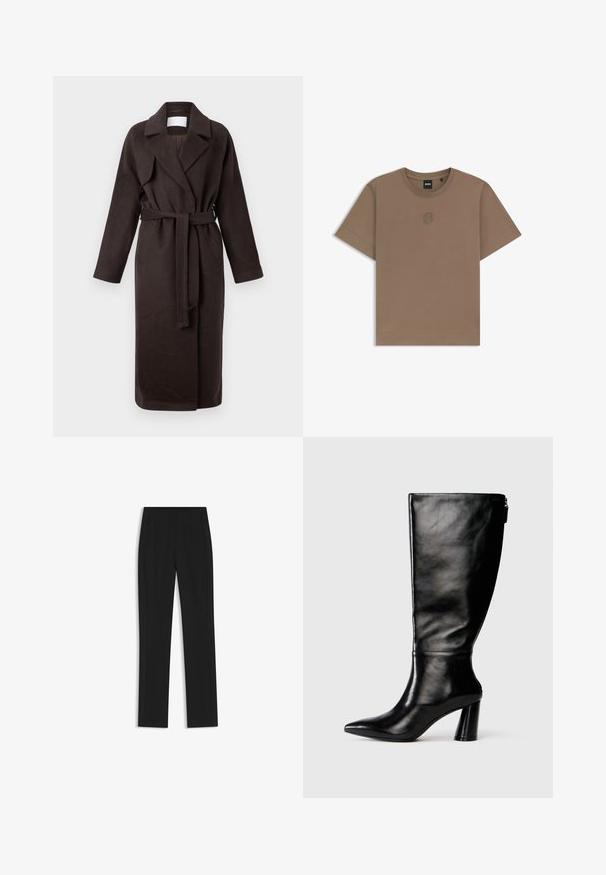 Dunkelbrauner langer Mantel mit einem Gürtel, aus weichem Stoff gefertigt. Verfügt über einen zugeschnittenen Kragen und zwei Seitentaschen, mit einer lockeren, entspannten Passform.; Braunes Baumwoll-T-Shirt mit kurzen Ärmeln, geripptem Rundhalsausschnitt und kleinem gesticktem Logo auf der Brust. Glatte Textur und reguläre Passform.; Schwarze maßgeschneiderte Hose mit geradem Bein, ausgestattet mit Fronttaschen und einem glatten, strukturierten Stoff. Saubere, minimale Details.; Knöchelhohe schwarze Lederstiefel mit einer spitzen Zehe, glatter Oberfläche und einem klobigen Absatz. Verfügt über einen Reißverschluss hinten.