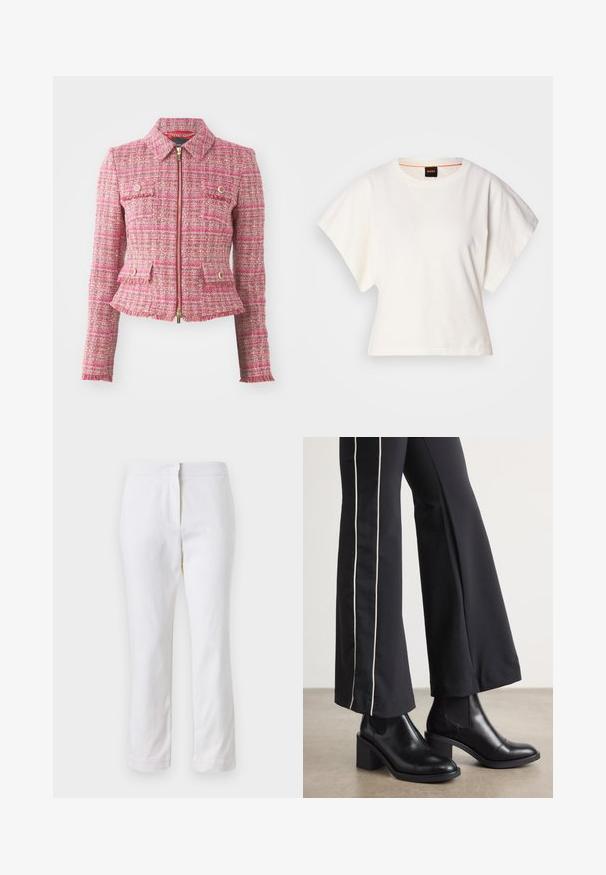 Rózsaszín tweed zakó testhez simuló siluettel, arany cipzárral, négy elülső zsebbel és rojtos aljjal. Galléros nyakkal és hosszú ujjal rendelkezik.; Fehér, rövid, bő ujjú, crop szabású póló, puha pamut anyagból, kerek nyakkivágással, finom narancssárga díszítéssel, minimalista dizájn, minta vagy grafika nélkül.; Fehér pamut nadrág egyenes lábformával, közepes derékkal, látható fémrészek vagy minták nélkül. Sima textúra az egész anyagon.; Fekete bőr bokacsizma, tömbsarkúval, oldalán rugalmasszal ellátott panelek találhatók. Fekete nadrággal párosítva, amelynek fehér oldalsávja van.