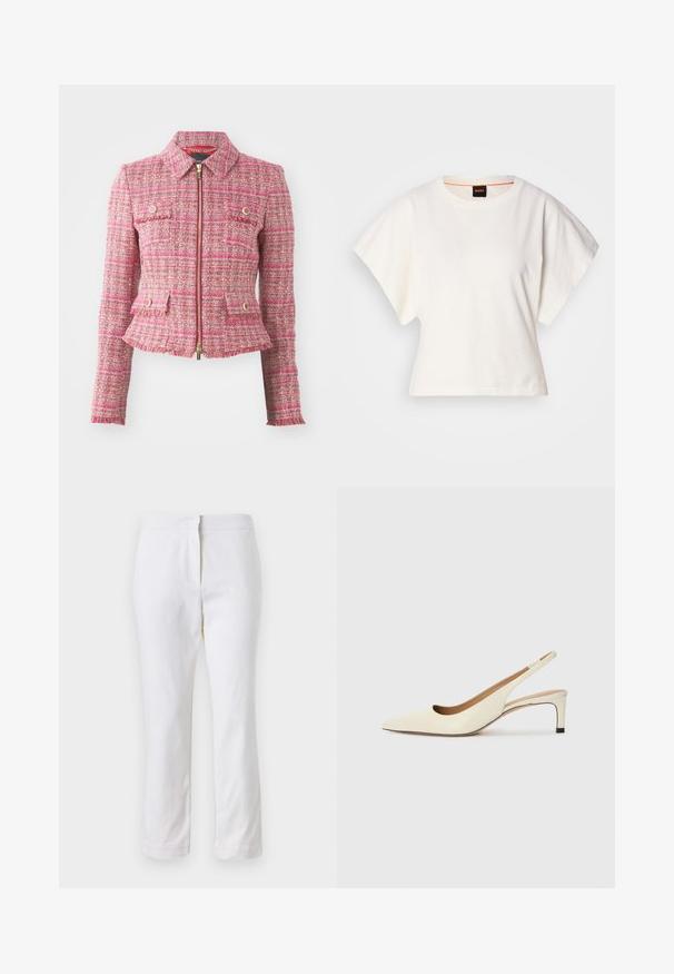 Roza tweed jakna s prilegajočo silhueto, zlatim zadrgo, štirimi sprednjimi žepi in raztrganim robom. Ima ovratnik in dolge rokave.; Bela skrajšana majica s kratkimi širokimi rokavi, mehka bombažna tkanina, okrogla ovratnica z diskretnim oranžnim robom, minimalističen dizajn, brez vzorcev ali grafike.; Beli bombažne hlače s ravnim krojem, srednje visoko pasom, brez vidnih kovinskih elementov ali vzorcev. Gladka textura po vsej površini.; Sandal z visokim prstom iz belega usnja, ki ima nizek peto in izrezljan dizajn z gladko teksturo in minimalnimi poudarki.
