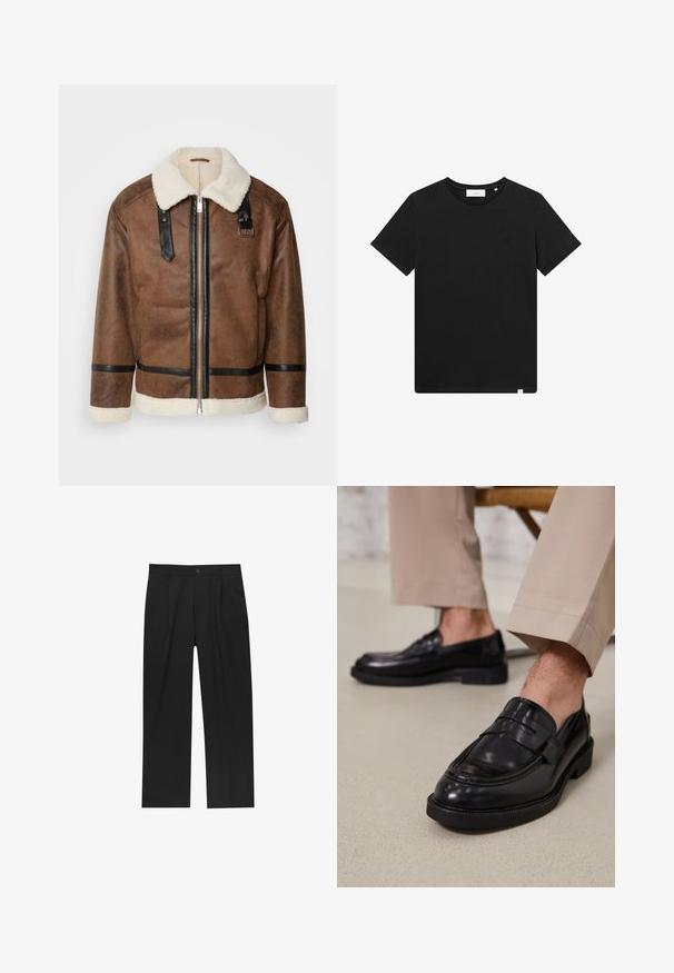 Hnědá kožená bunda s černými akcenty a límcem z ovčí vlny. Obsahuje přední zip a detaily na ramenním popruhu. Texturovaný povrch.; Černé tričko s krátkým rukávem vyrobené z bavlny, s kulatým výstřihem a malým vyšitým logem na hrudi. Hladká textura, standardní střih.; Černé kalhoty s rovnými nohavicemi, vyrobené z hladké tkaniny. Mají přední záhyby a jedno knoflíkové zapínání v pase.; Černé kožené loafers s hladkým povrchem, zdobené páskem a kontrastním prošíváním, spárované s béžovými kalhotami.