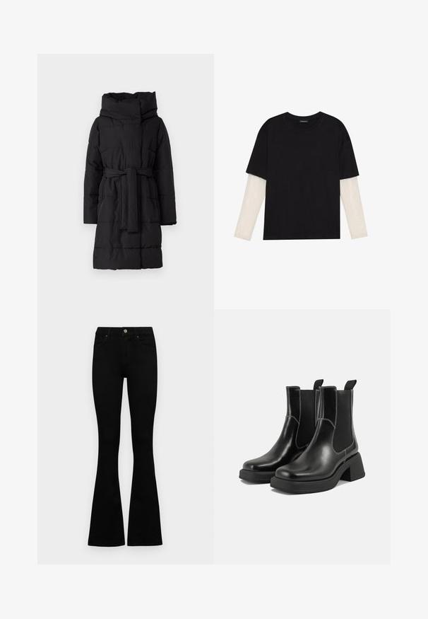 Μαύρο παλτό με επένδυση, μεγάλο καπέλο, ζώνη στη μέση και μακριά μανίκια. Διαθέτει οριζόντιες ραφές και λεία, ματ υφή.; Μαύρο μπλουζάκι από βαμβάκι, με κοντά μανίκια πάνω από ένα λευκό μπλουζάκι με μακριά μανίκια και διακριτό υφασμάτινο σχέδιο. Σχέδιο με στρογγυλή λαιμόκοψη.; Μαύρα ψηλόμεσσα τζιν παντελόνια με κούμπωμα και φερμουάρ, εμπρός τσέπες και καμπάνα, τοποθετημένα επίπεδα σε λευκό φόντο.; Μαύρα δερμάτινα μποτάκια Chelsea με χοντρό τακούνι, ελαστικές πλευρικές επενδύσεις και αντίθετη λευκή ραφή. Υφή με υφιστάμενη αίσθηση.
