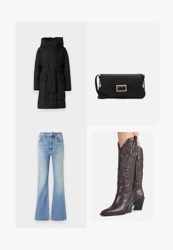 Melns piepūsts mētelis ar lielu kapuci, jostasvietu un garām piedurknēm. Iespējas horizontāla šūšana un gluda, matēta virsma.; Balta bezpiedurkņu topiņš no ribotā auduma, ar noapaļotu kakla izgriezumu un pieguļošu siluetu, ar minimālām šuvēm un bez rotājumiem.; Gai zili flared džinsi, kas izgatavoti no denima, ar augstu jostasvietu, piecu kabatu dizainu un maigu gradientu izbalēšanu uz apakšmalas.; Brūni ādas kovboju zābaki ar norādītu purngalu un blokveida papēdi, ar detalizētu šūšanu un paceltiem akcentiem uz kājas daļas.; Melnas ādas saķeres soma ar atloku un zelta metāla sprādzi. Ietver melnu siksnu un elegantu, minimālistisku dizainu.; Sudraba gredzenveida auskari ar savītu dizainu, kas ir ar pulētu apdari un ar aizmugurēju fiksāciju. Izmērs ir aptuveni 3 cm diametrā.