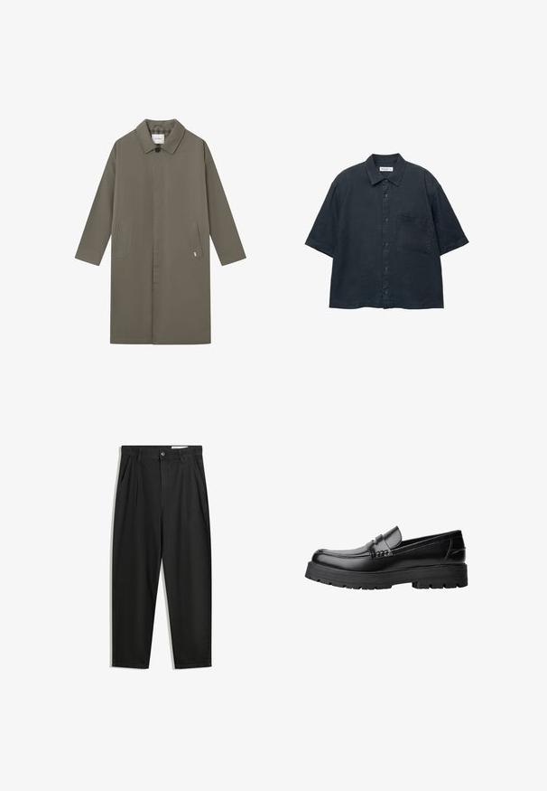 Les Deux MATEO brązowy; Ciemnoniebieska koszula na krótki rękaw zapinana na guziki, wykonana z lekkiego materiału, z kieszonką na piersi i klasycznym wzorem kołnierzyka.; Czarne bawełniane spodnie o luźnym kroju, z klasycznym pasem, przednimi plisy oraz bocznymi kieszeniami. Gładka struktura, bez wzorów.; Czarne skórzane mokasyny z grubą, bieżnikowaną podeszwą i dekoracyjnym paskiem na górze, pokazane w lewym profilu na białym tle.