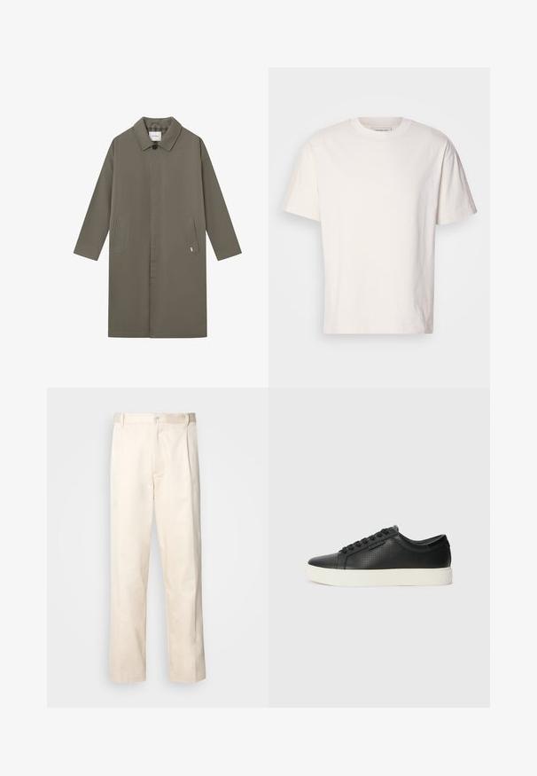 Les Deux MATEO COAT - Trenchcoat - bungee cord; Cream-colored cotton t-shirt with a crew neck. Short sleeves and a relaxed fit. Features a small logo on the neckline. Smooth texture.; Beige cotton trousers with a straight-leg cut, featuring a button closure and pleats at the front for added detail.; Black leather sneakers with perforated texture, round toe, and flat white rubber sole. Features black laces and a subtle logo on the side.