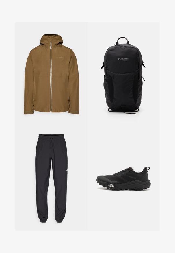 Berghaus BRAMBLFELL - Hardshelljacke - bark/oak moss; Schwarzes T-Shirt mit kurzen Ärmeln aus leichtem Stoff. Mit einem kleinen weißen Logo auf der linken Brust und dezenten Akzenten an den Schultern.; Schwarze Sporthosen aus leichtem Stoff, mit einem Kordelzugbund, seitlichen Taschen und schmal zulaufenden Bündchen an den Knöcheln.; Schwarzer Trailrunning-Schuh mit strukturiertem Obermaterial, Gummisohle und verstärkter Zehenkappe. Verfügt über einen gepolsterten Kragen und eine Ziehlasche für einfaches Anziehen.; Schwarzer Columbia Titanium Rucksack mit glatter Stofftextur, Seitentaschen, Oberhandgriff und verstellbaren Trägern. Minimalistisches Design mit dezentem Branding.
