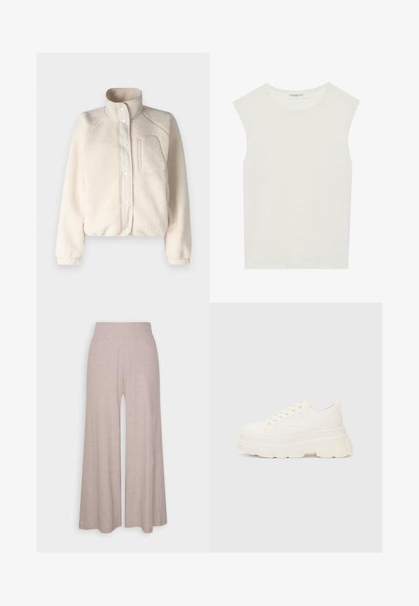 Hollister Co. JACKET - Jakna iz flisa - whitecap grey; Bela brezrokavnica s okroglim izrezom. Narejena iz gladkega materiala, ima sproščen kroj in minimalističen dizajn. Brez vzorcev ali okrasnih elementov.; Svetlo sivi široki hlače iz mehkega, rebrastega blaga, z visokim pasom in dolgimi nohami z subtilno teksturo.; Bela platnena teniska z debelim podplatom, okroglo konico in petimi luknjicami za vezalke. Zadaj je dodana zanka za enostavno obuvanje. Gladka tekstura, minimalistična zasnova.