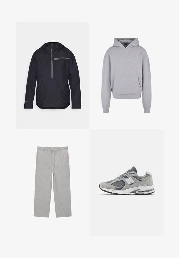 Sort vandtæt jakke med hætte, lynlås foran og elastiske manchetter. Har en grå reflekterende stribe og en brystlomme. Letvægtsdesign.; Grå bomulds-hoodie med en frontlomme, snoretræk i hætten og ribbede manchetter og kant. Har en blød, tekstureret overflade.; Grå bomulds-loungebukser med elastisk talje, snor og to sidelommer; lige ben-design, blød tekstur, uden mønstre.; Grå sneaker med mesh og suede materialer, med et hvidt logo, polstret krave og tekstureret gummisål. Accenter i mørkere grå.
